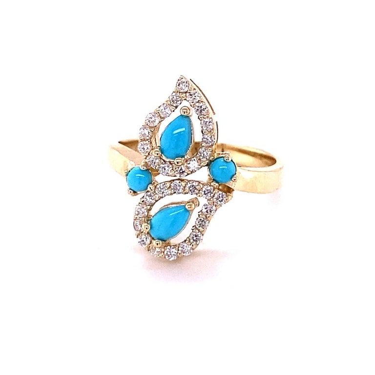 0.80 Ct Turquoise, Diamond 14K Yellow Gold Cocktail Ring