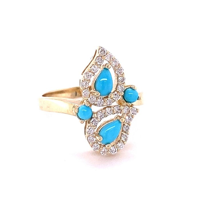 0.80 Ct Turquoise, Diamond 14K Yellow Gold Cocktail Ring