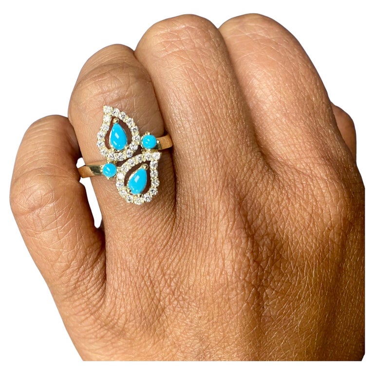 0.80 Ct Turquoise, Diamond 14K Yellow Gold Cocktail Ring