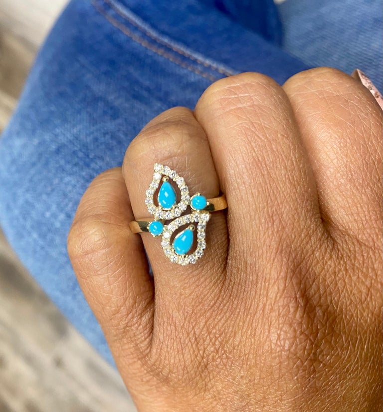 0.80 Ct Turquoise, Diamond 14K Yellow Gold Cocktail Ring