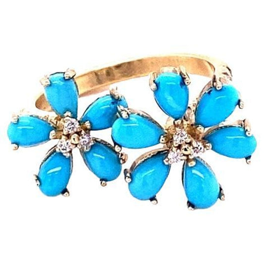 2.00 Ct Turquoise, Diamond 14K Yellow Gold Cocktail Ring