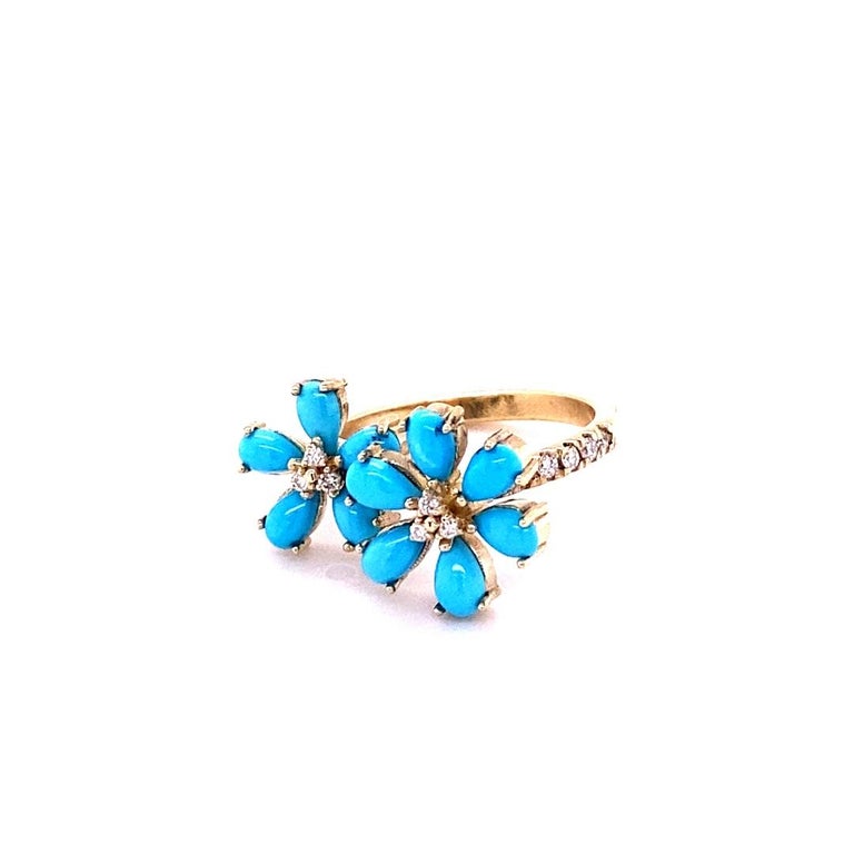 2.00 Ct Turquoise, Diamond 14K Yellow Gold Cocktail Ring