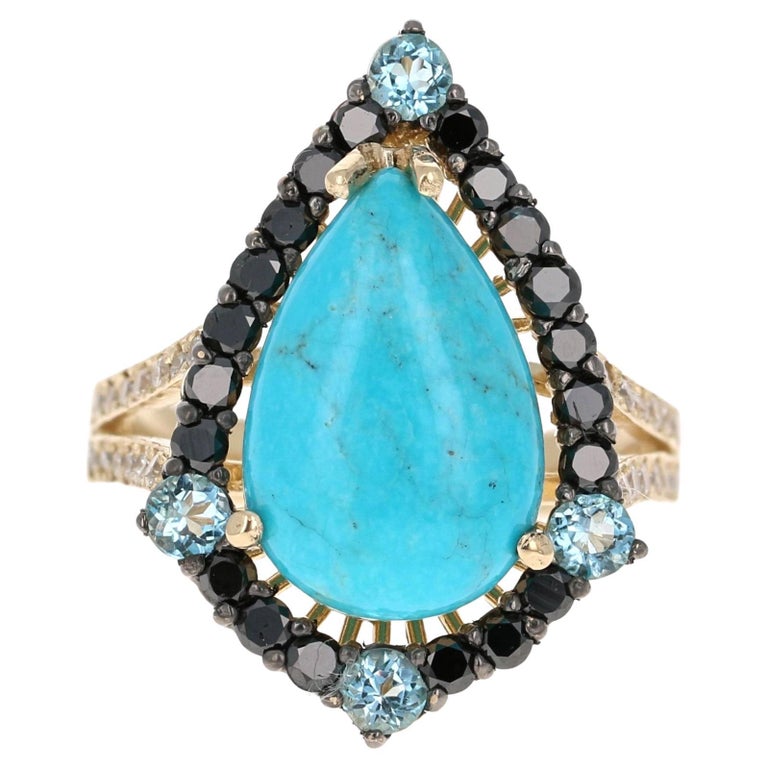 5.82 Ct Turquoise, Black Diamond 14 Karat Gold Cocktail Ring