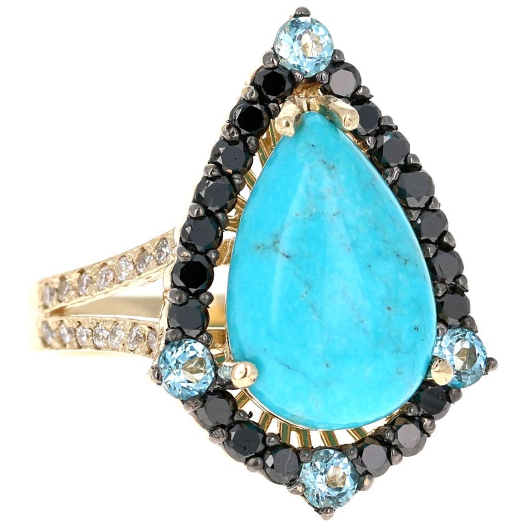 5.82 Ct Turquoise, Black Diamond 14 Karat Gold Cocktail Ring