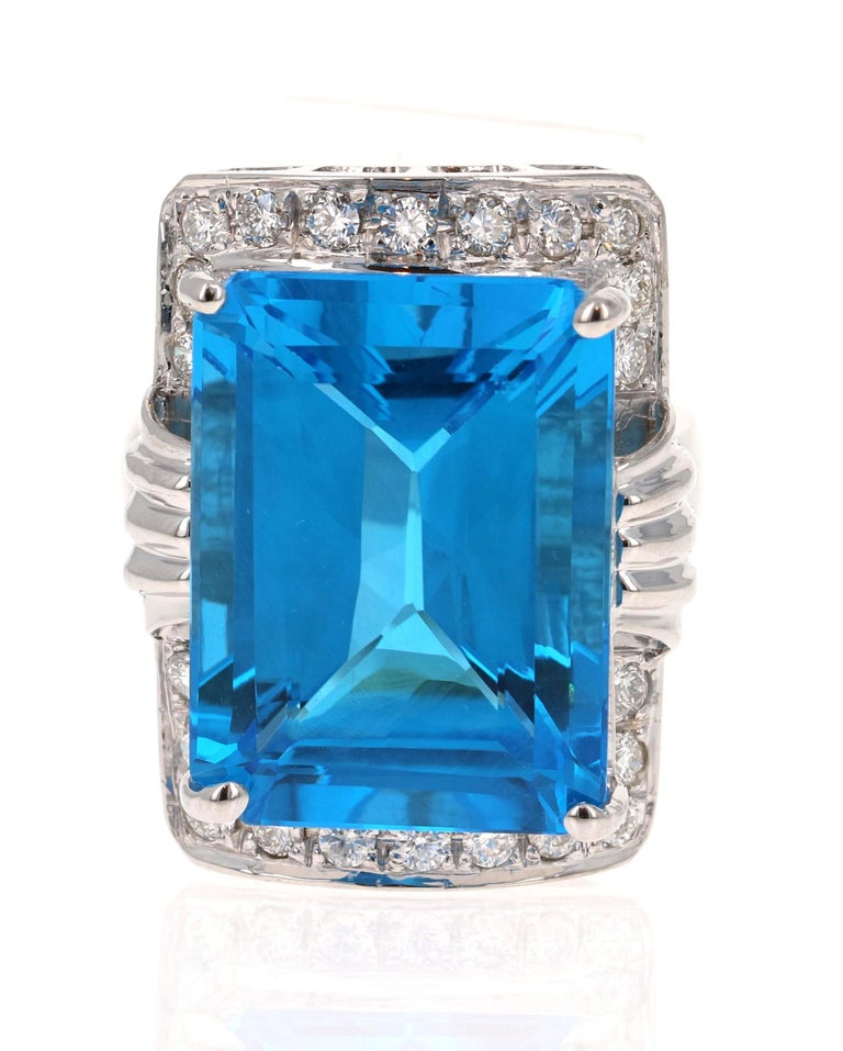 26.07 Carat Emerald Cut Blue Topaz Diamond 14 Karat White Gold Cocktail Ring