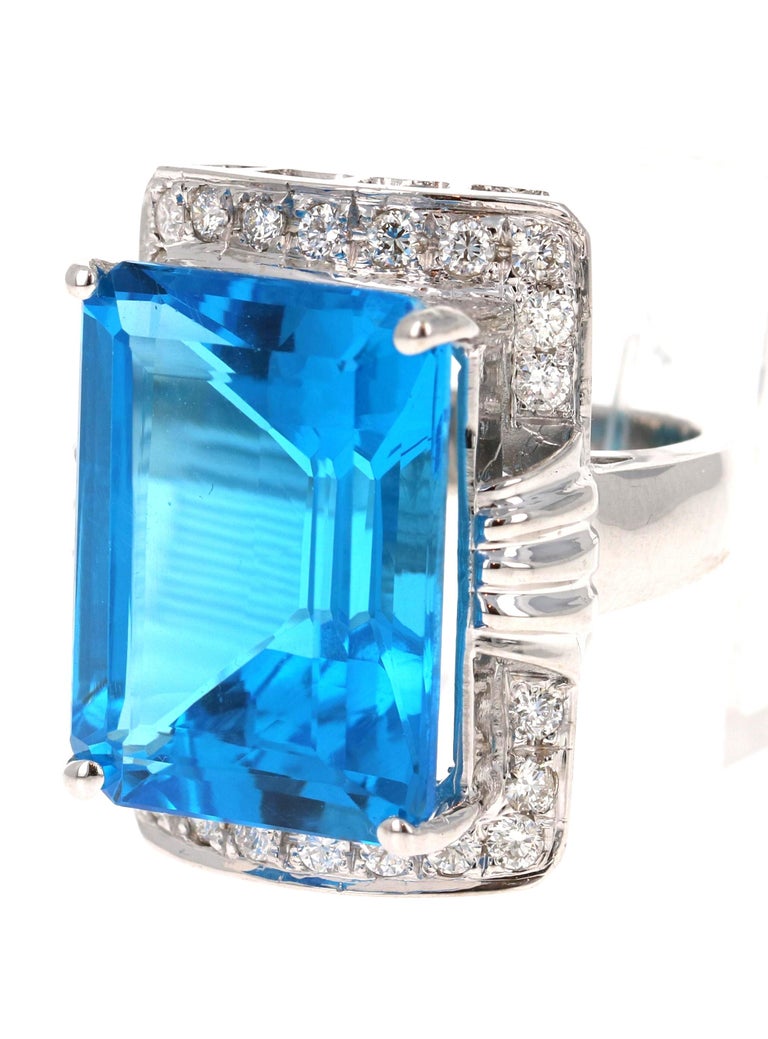 26.07 Carat Emerald Cut Blue Topaz Diamond 14 Karat White Gold Cocktail Ring