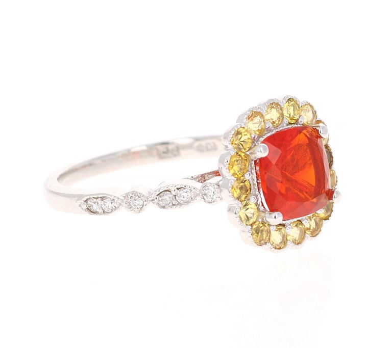 1.79 Carat Fire Opal Diamond 14 Karat White Gold Ring