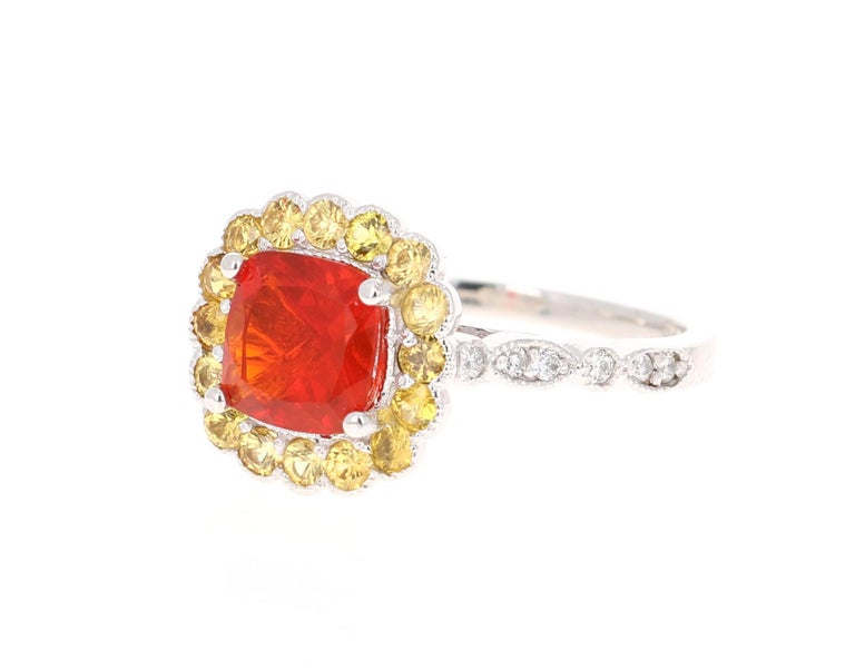 1.79 Carat Fire Opal Diamond 14 Karat White Gold Ring