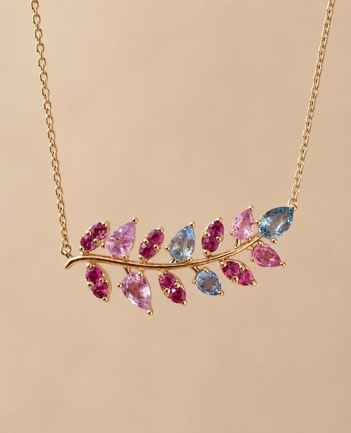 3.35 Carat Natural Pink Blue Sapphire Branch 14 Karat Yellow Gold Chain Necklace