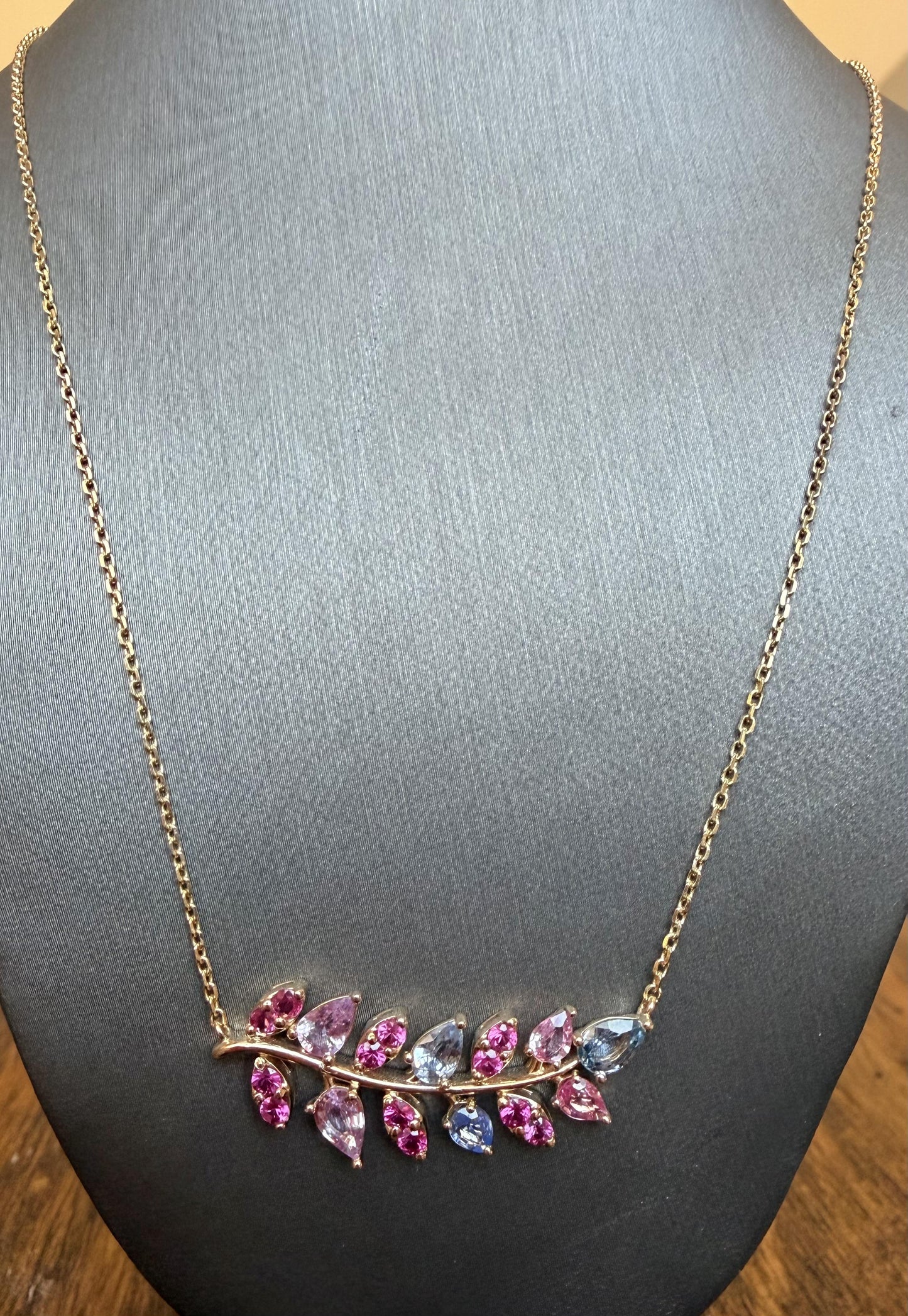 3.35 Carat Natural Pink Blue Sapphire Branch 14 Karat Yellow Gold Chain Necklace