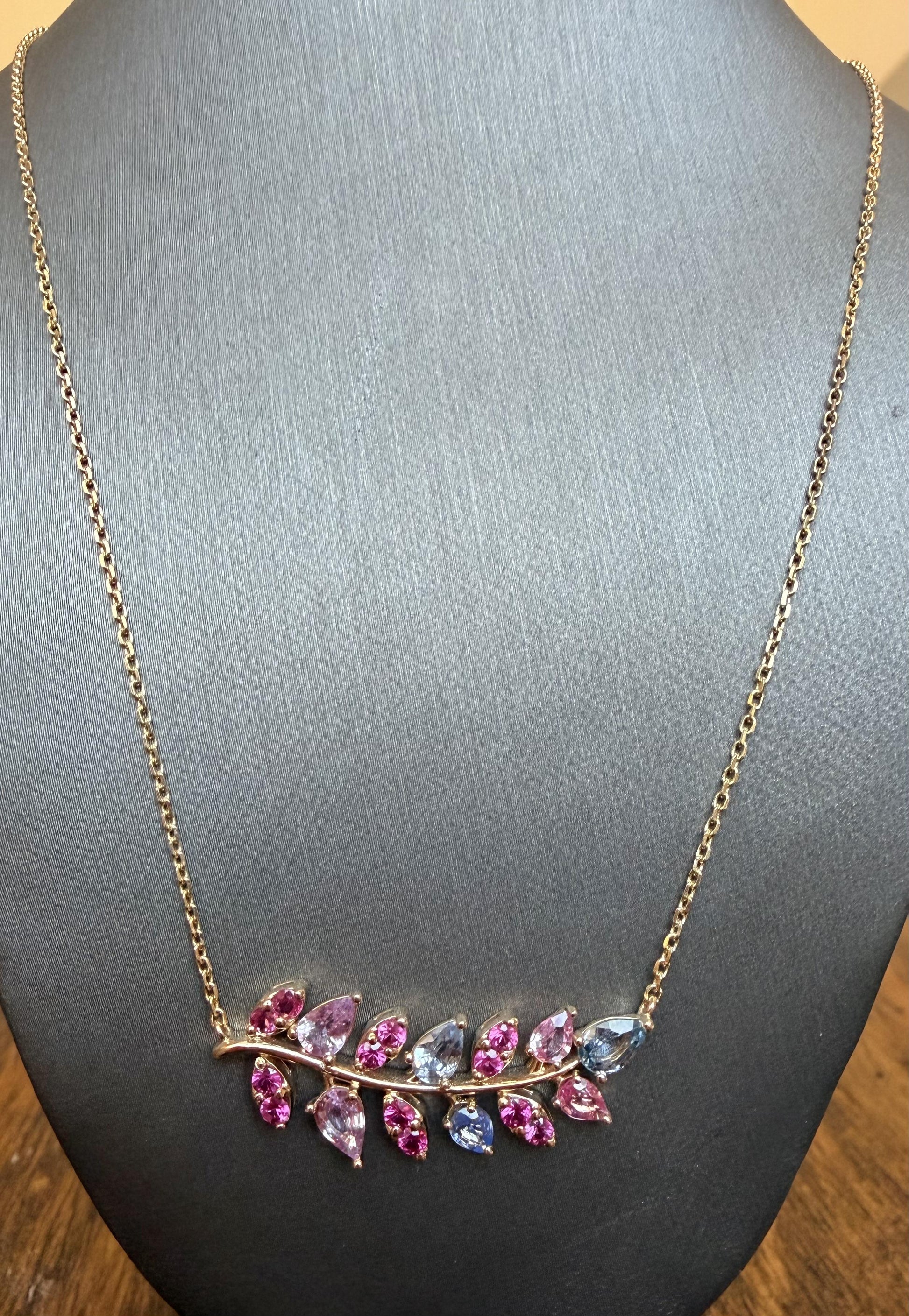3.35 Carat Natural Pink Blue Sapphire Branch 14 Karat Yellow Gold Chain Necklace