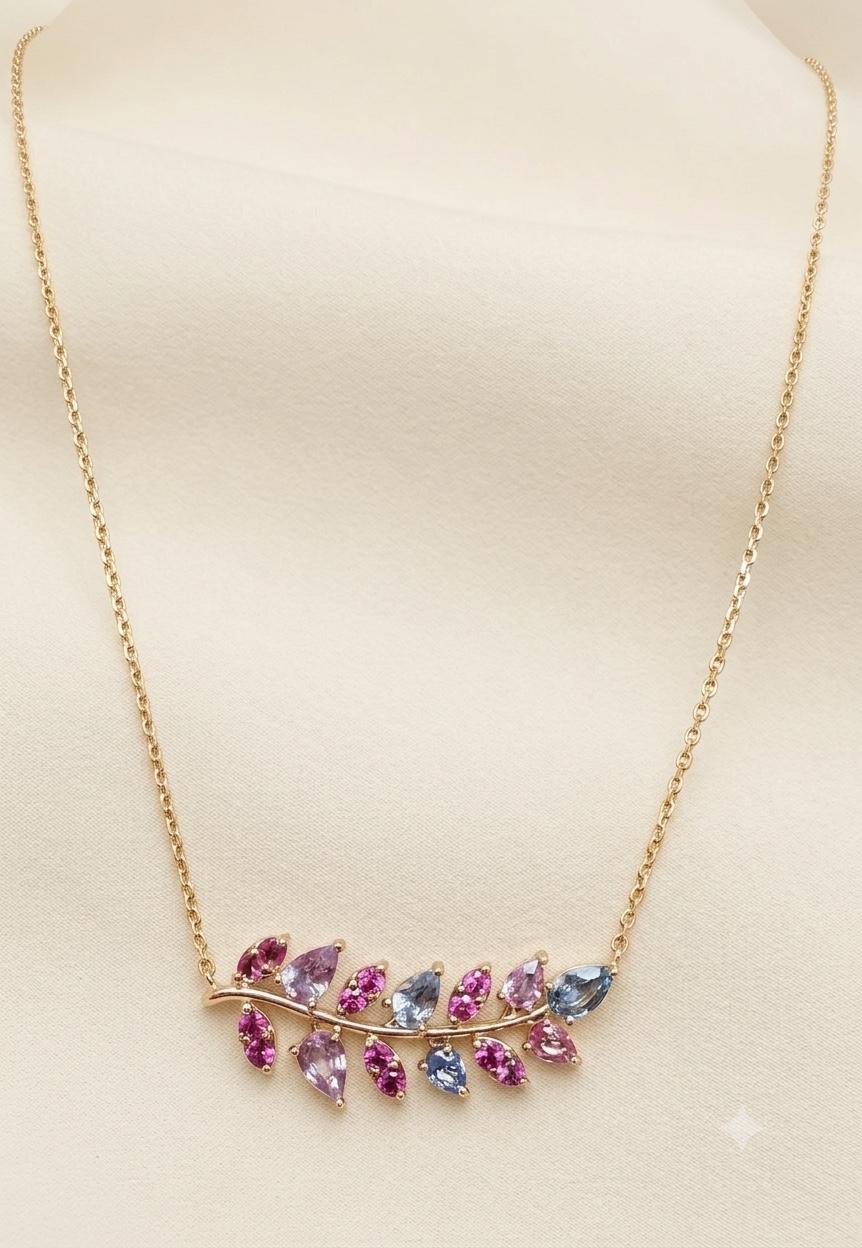 3.35 Carat Natural Pink Blue Sapphire Branch 14 Karat Yellow Gold Chain Necklace
