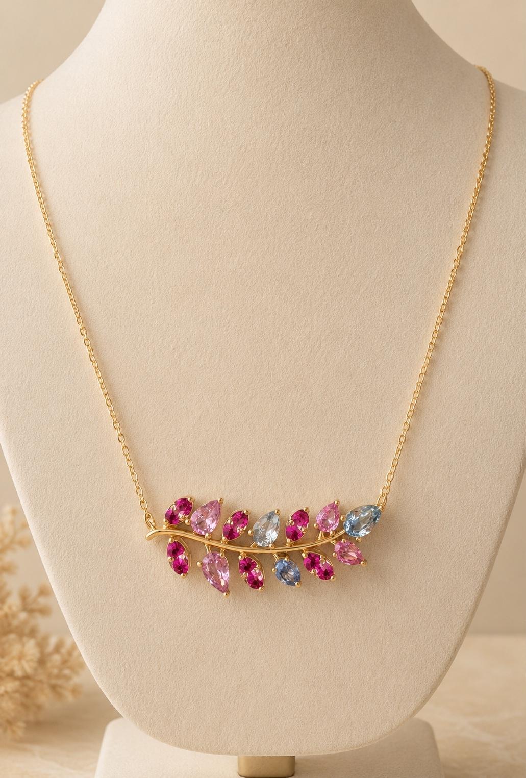 3.35 Carat Natural Pink Blue Sapphire Branch 14 Karat Yellow Gold Chain Necklace