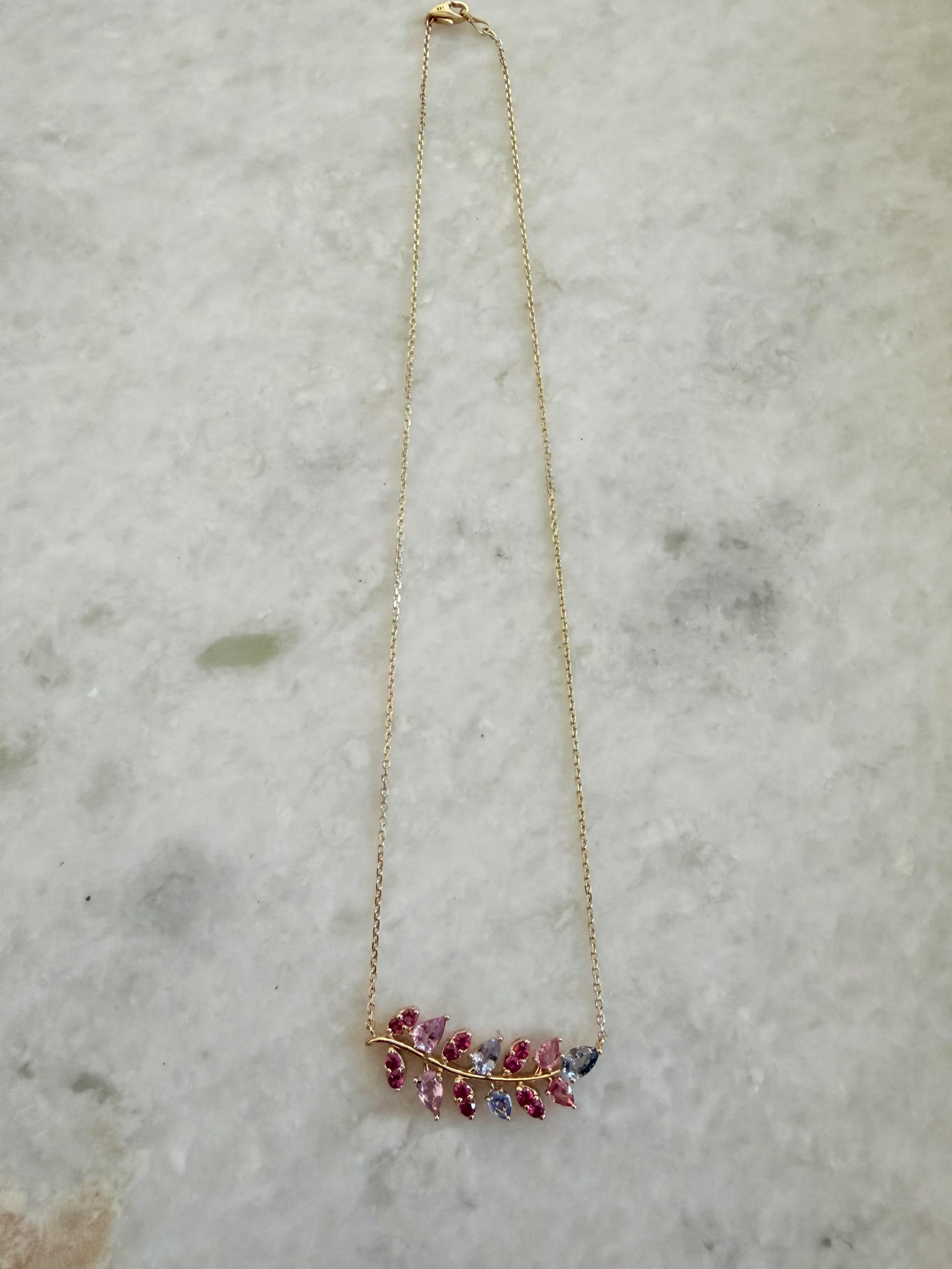 3.35 Carat Natural Pink Blue Sapphire Branch 14 Karat Yellow Gold Chain Necklace