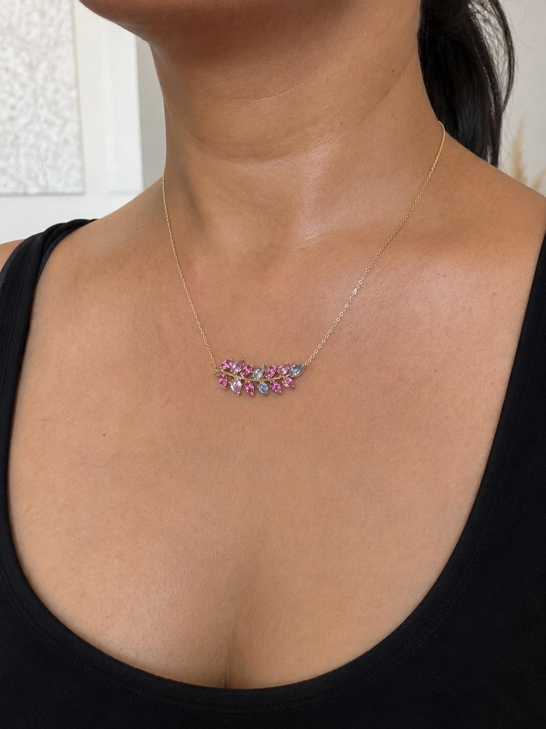 3.35 Carat Natural Pink Blue Sapphire Branch 14 Karat Yellow Gold Chain Necklace