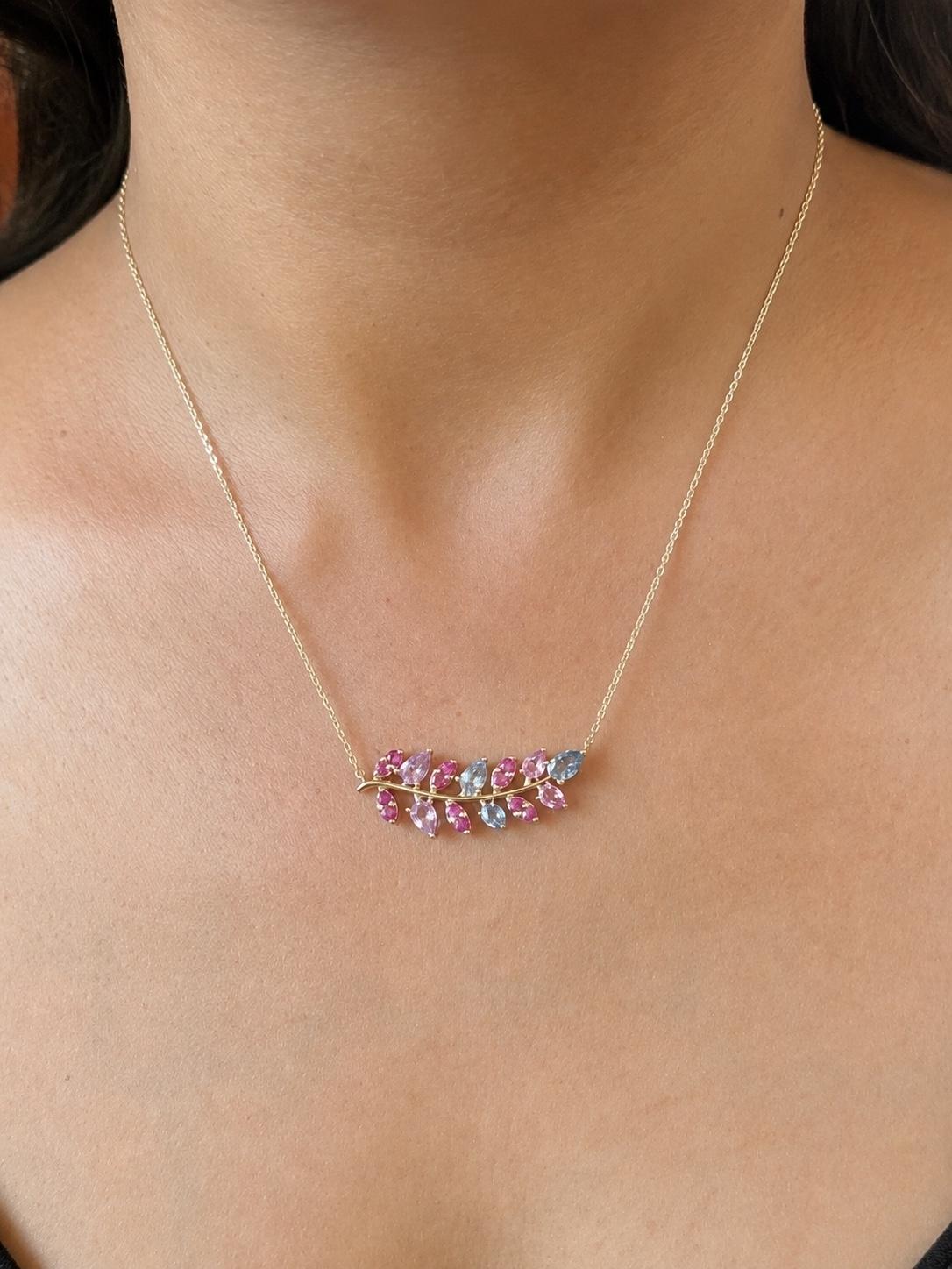 3.35 Carat Natural Pink Blue Sapphire Branch 14 Karat Yellow Gold Chain Necklace