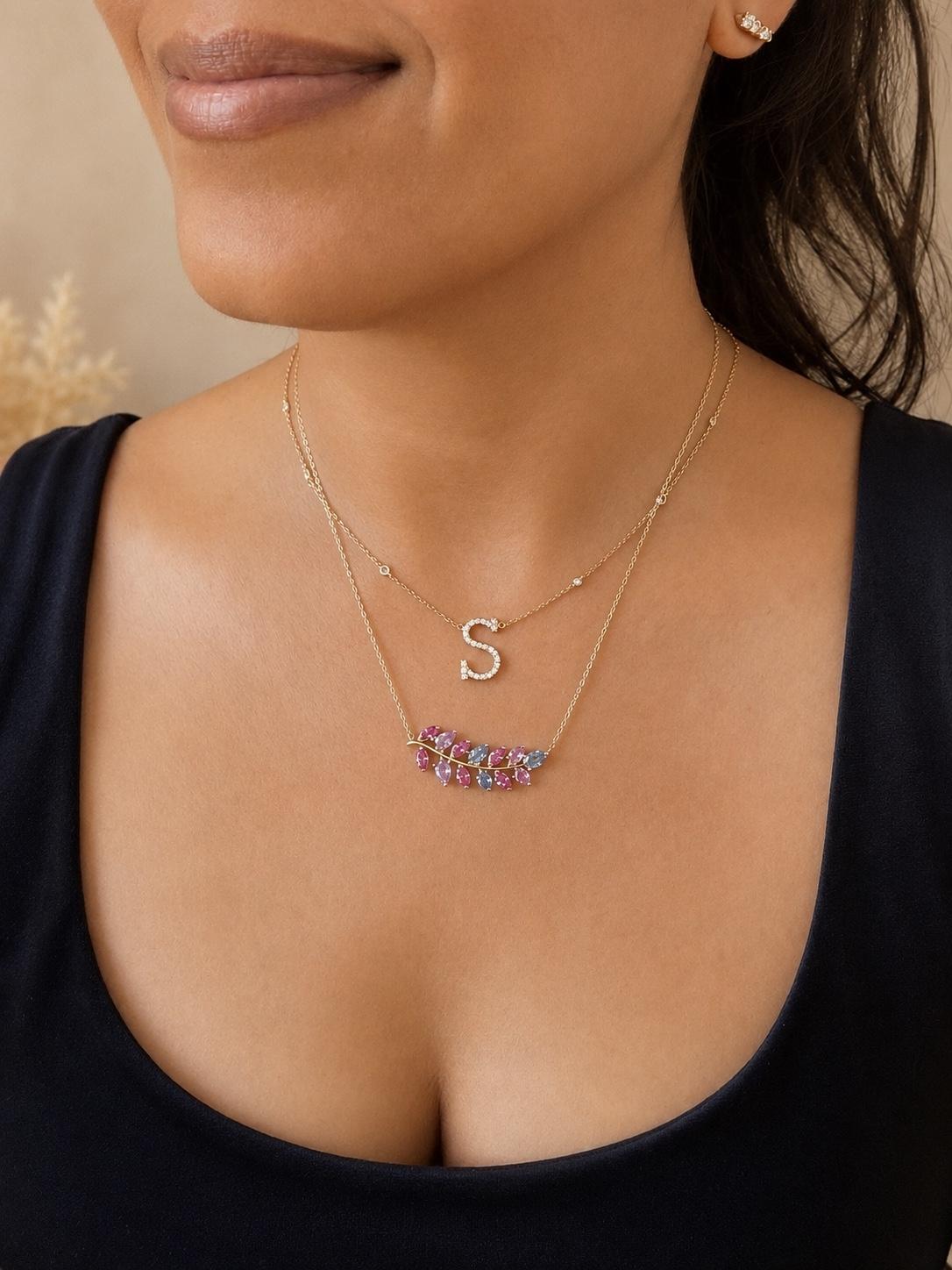 3.35 Carat Natural Pink Blue Sapphire Branch 14 Karat Yellow Gold Chain Necklace