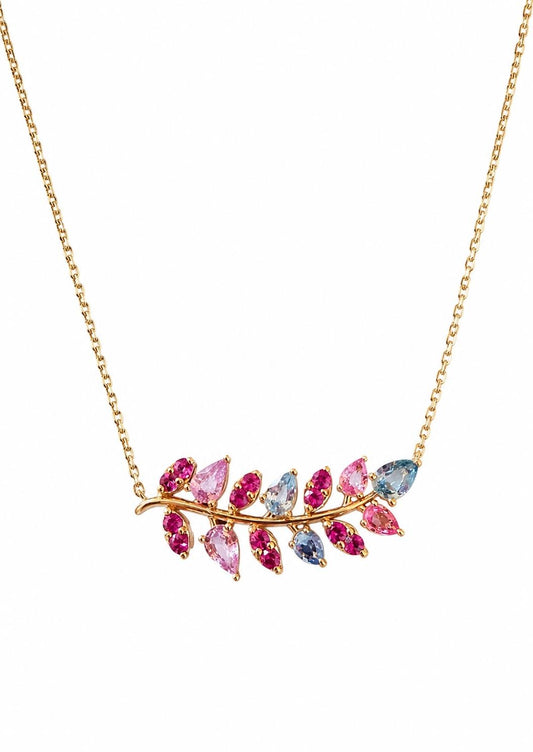 3.35 Carat Natural Pink Blue Sapphire Branch 14 Karat Yellow Gold Chain Necklace
