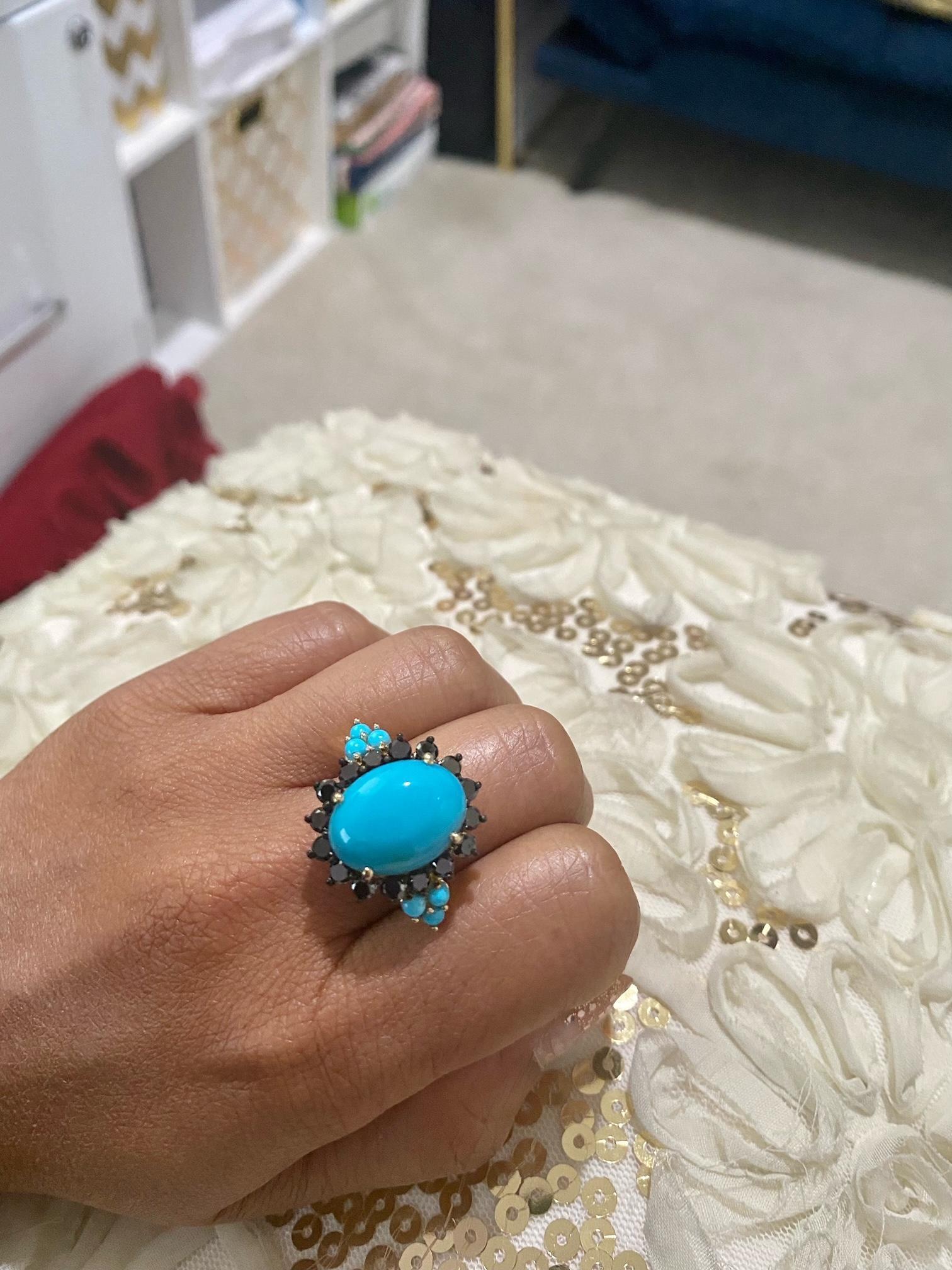 9.03 Carat Turquoise Black Diamond Yellow Gold Cocktail Ring