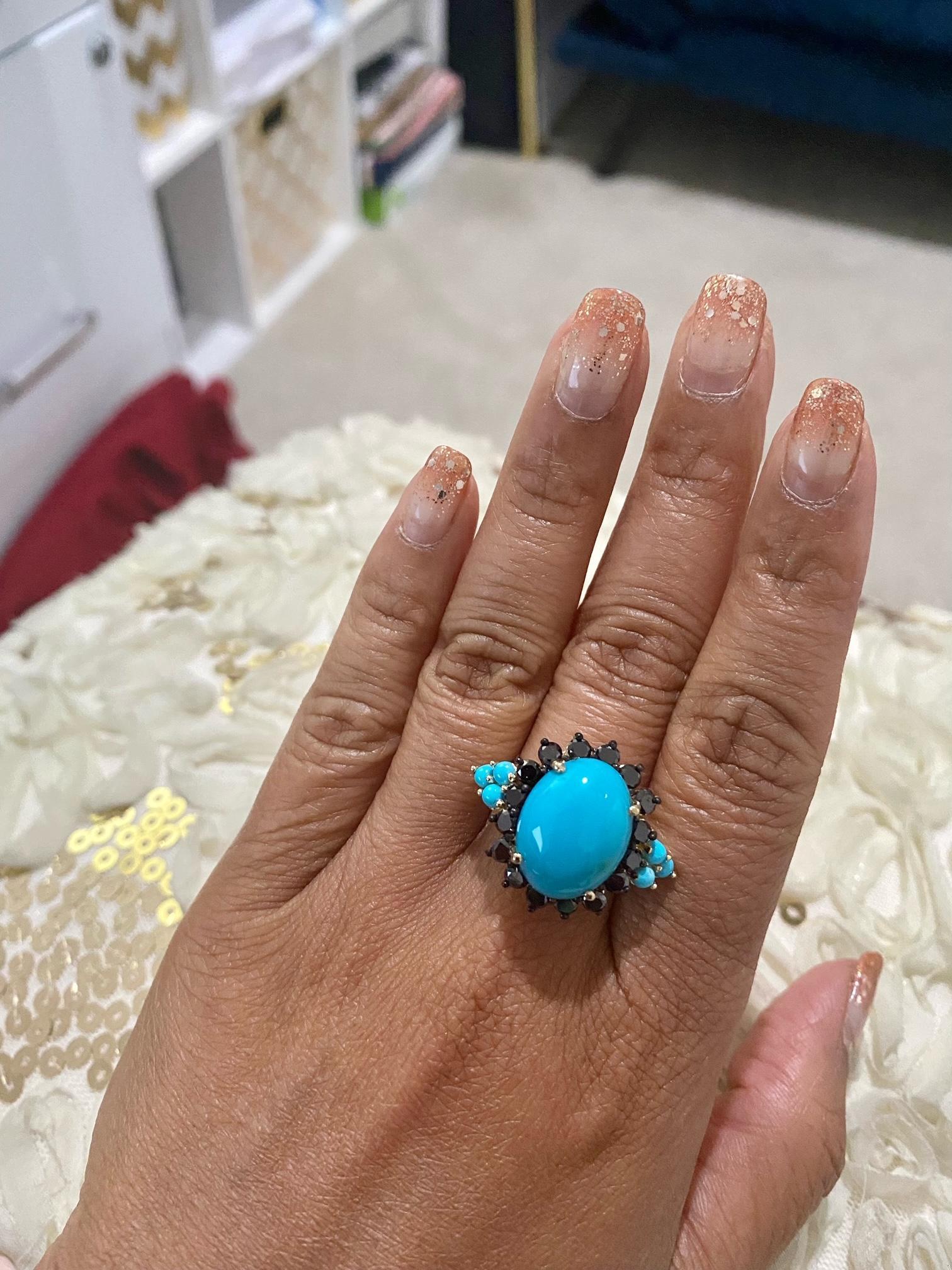 9.03 Carat Turquoise Black Diamond Yellow Gold Cocktail Ring