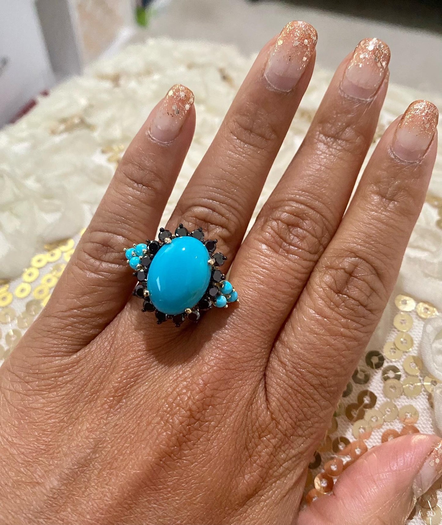 9.03 Carat Turquoise Black Diamond Yellow Gold Cocktail Ring