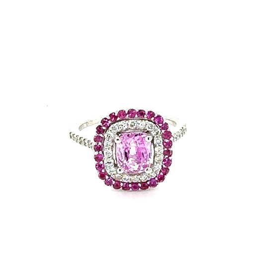 GIA Certified 2.32 Carat Cushion Cut Pink Sapphire Diamond White Gold Ring
