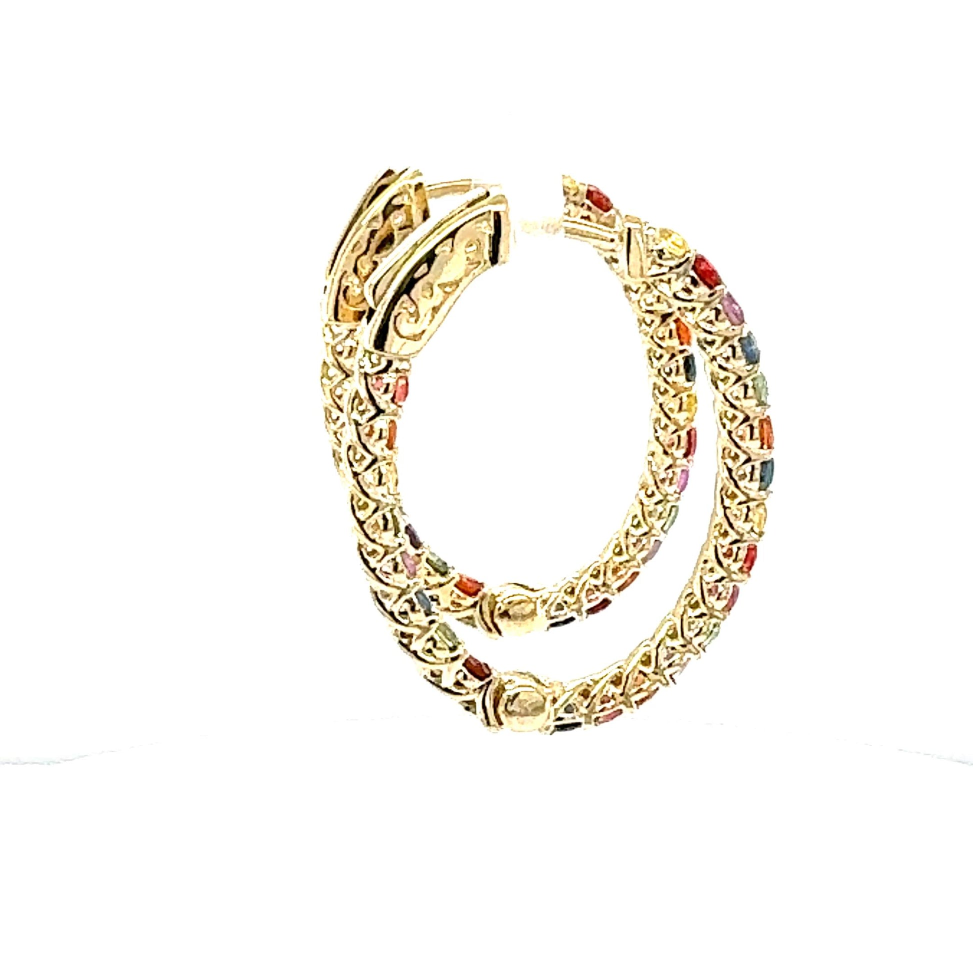 3.22 Carat Rainbow Sapphire Inside Out Yellow Gold Hoop Earrings