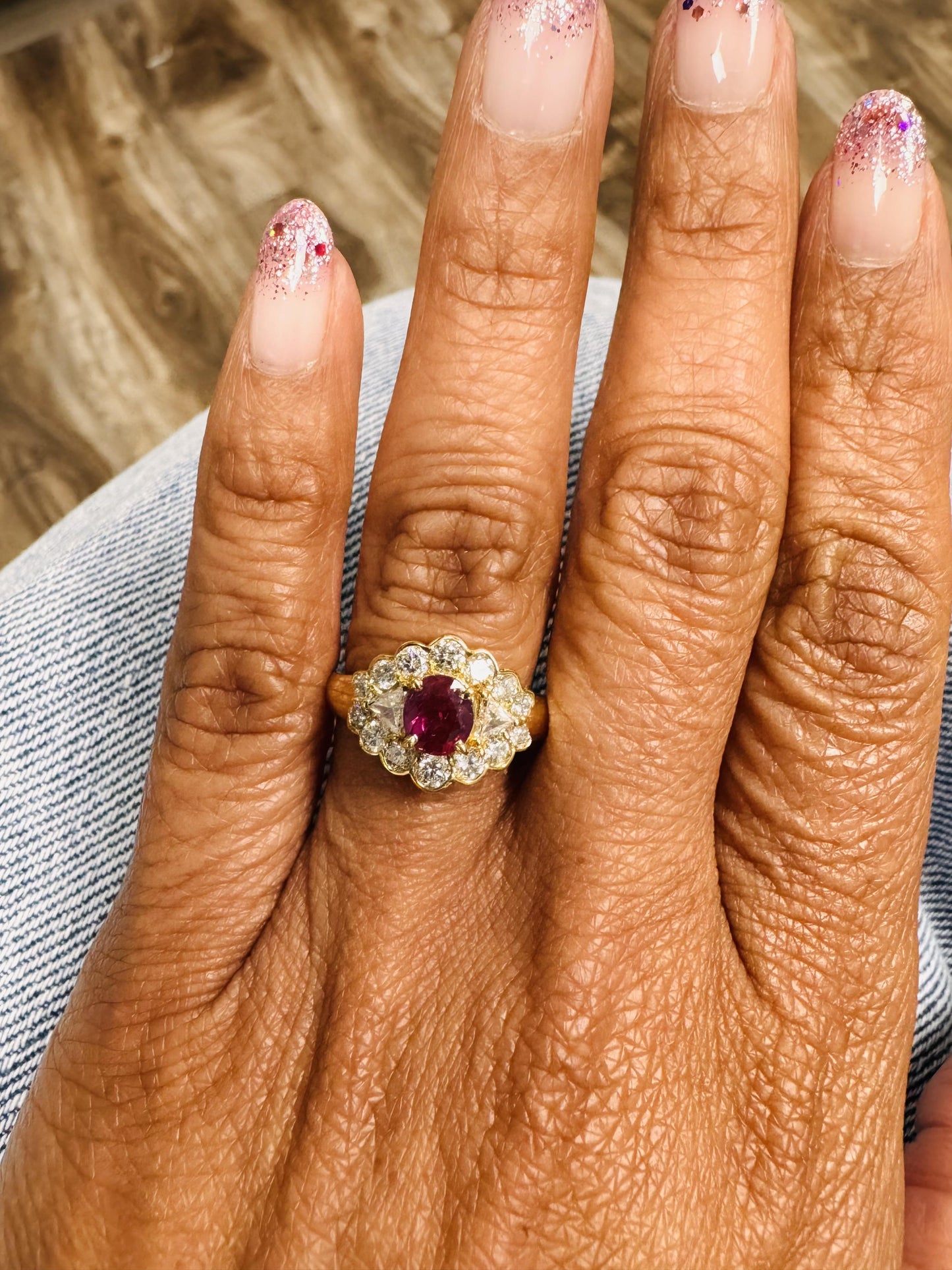 1.75 Carat Oval Cut Burmese Ruby Diamond 14 Karat Yellow Gold Cluster Ring