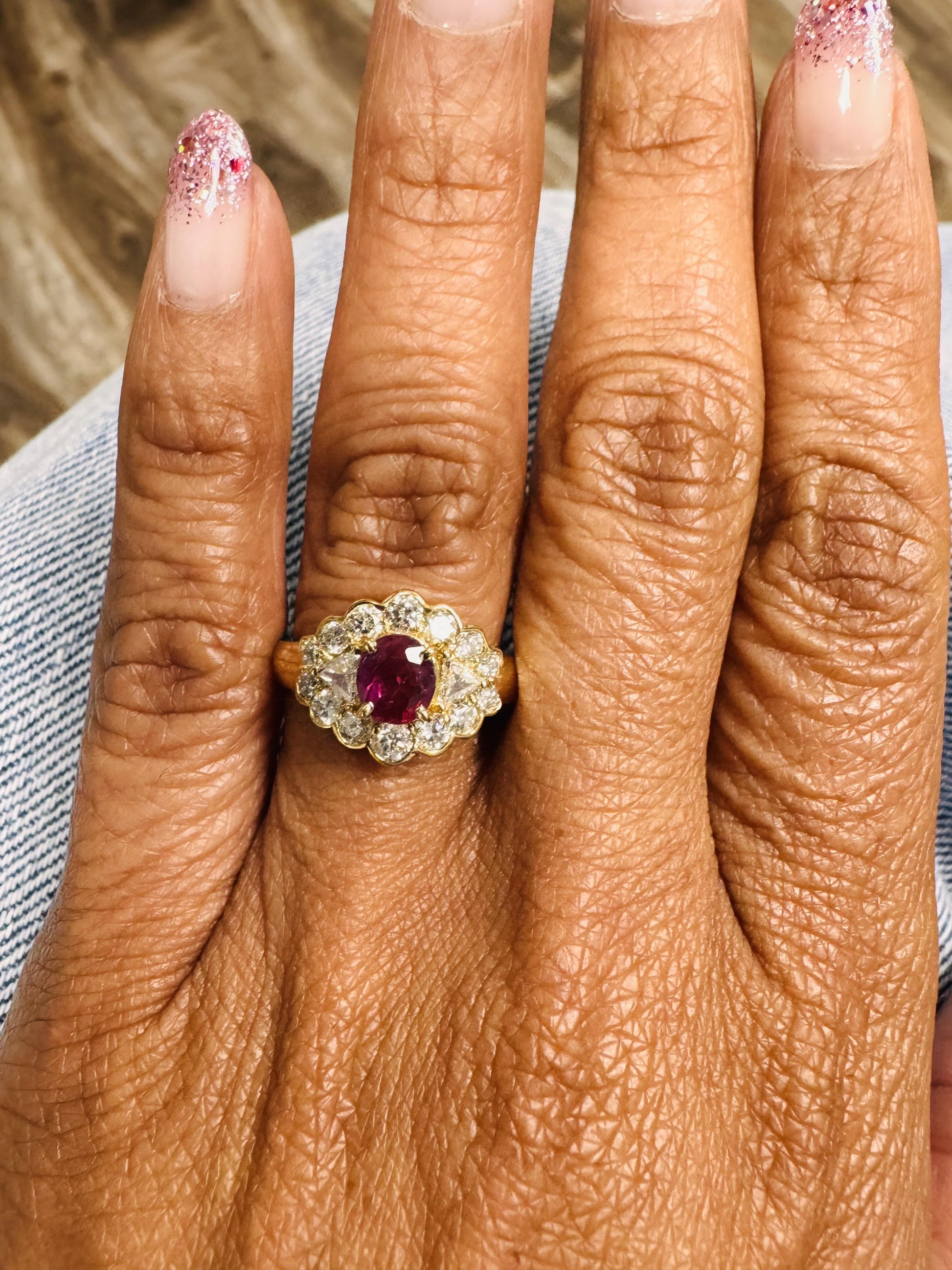 1.75 Carat Oval Cut Burmese Ruby Diamond 14 Karat Yellow Gold Cluster Ring