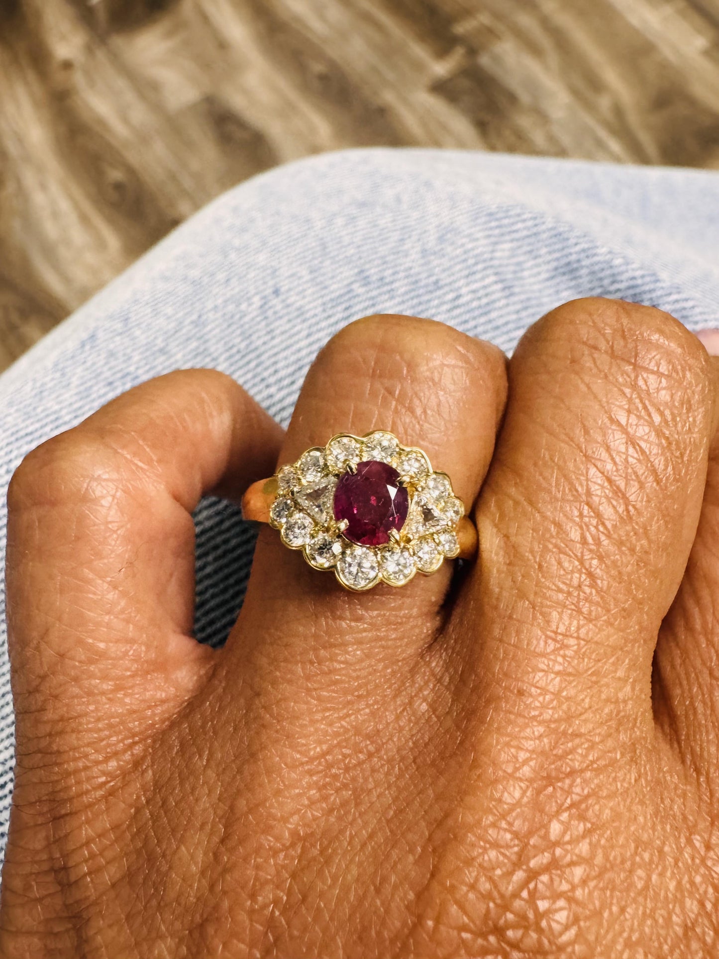 1.75 Carat Oval Cut Burmese Ruby Diamond 14 Karat Yellow Gold Cluster Ring