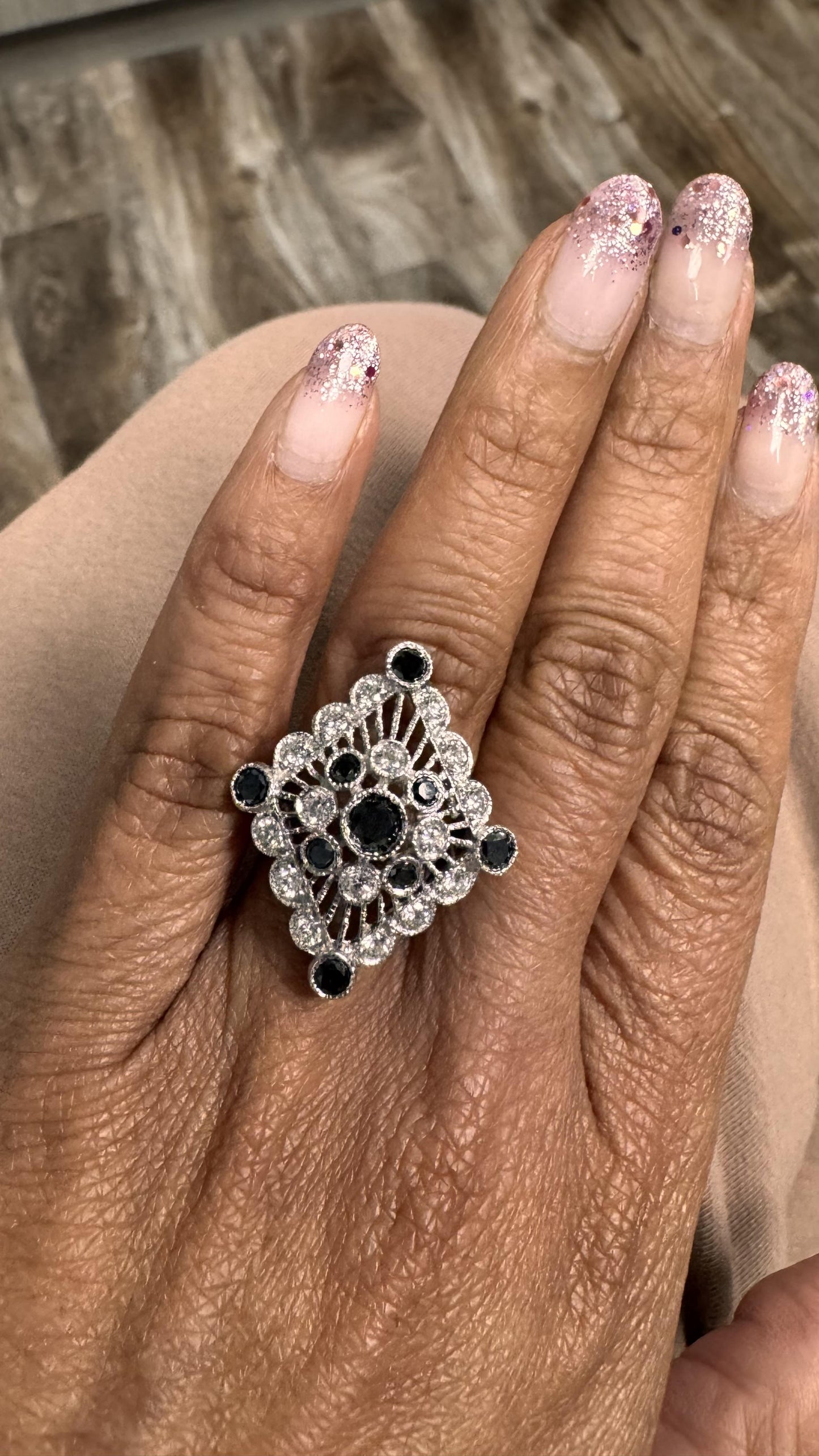 Roshe Jewels Diamond Ring, 2.13 Carats Black and White Diamond 14K White Gold