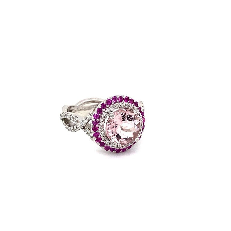 3.45 Carat Pink Morganite, Pink Sapphire and Diamond White Gold Engagement Ring