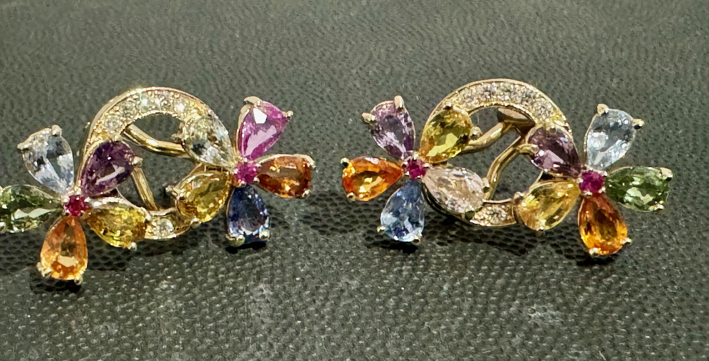 9.52 Carat Multicolor Sapphire Diamond Yellow Gold Earrings