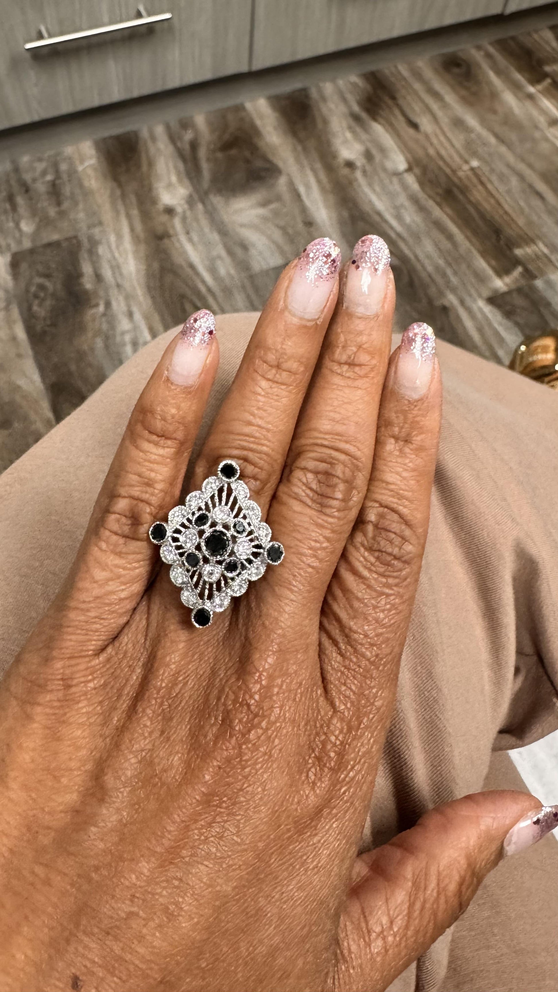 Roshe Jewels Diamond Ring, 2.13 Carats Black and White Diamond 14K White Gold