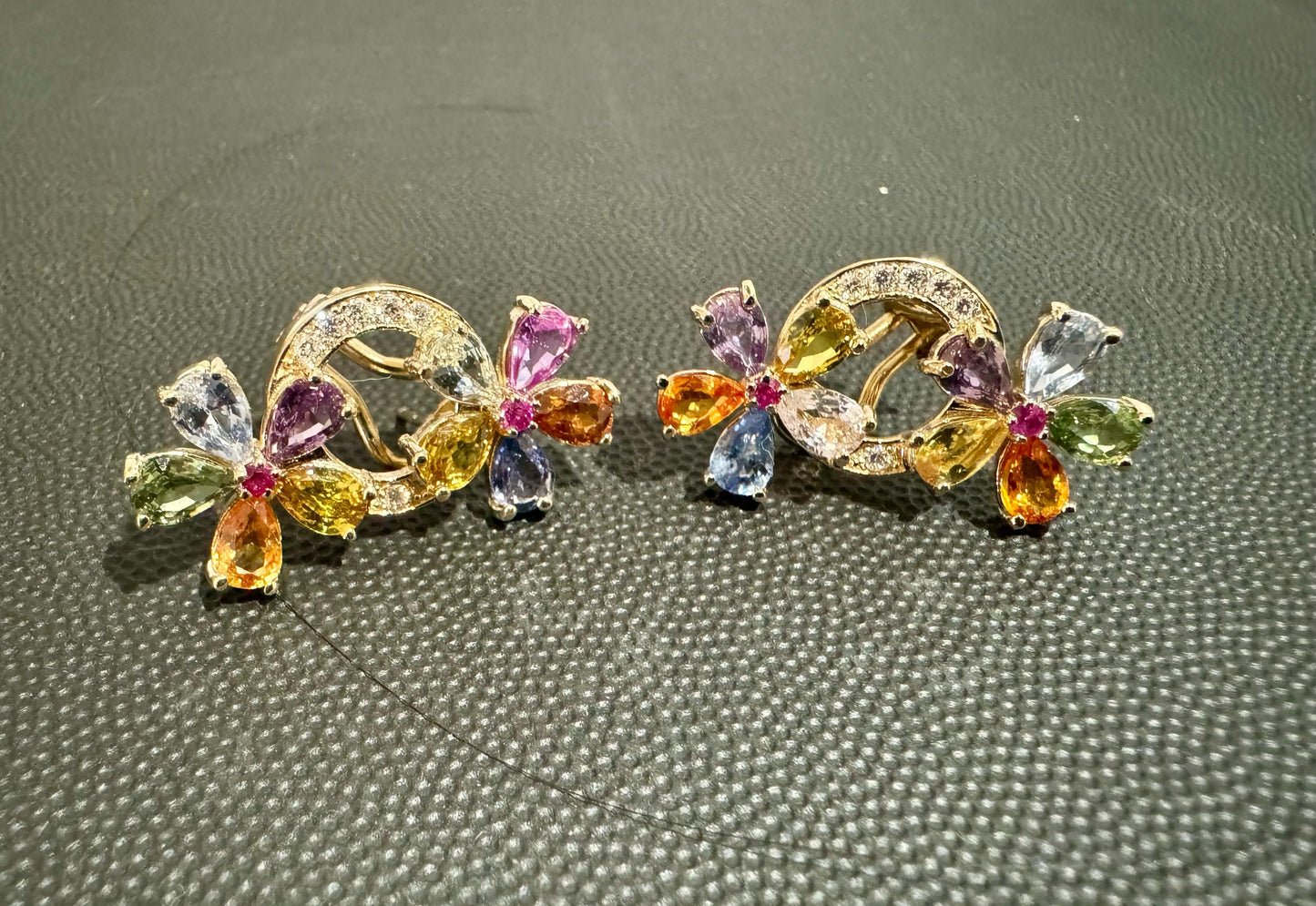 9.52 Carat Multicolor Sapphire Diamond Yellow Gold Earrings