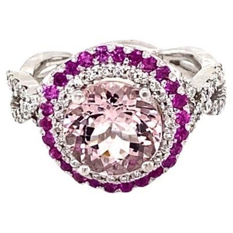 3.45 Carat Pink Morganite, Pink Sapphire and Diamond White Gold Engagement Ring