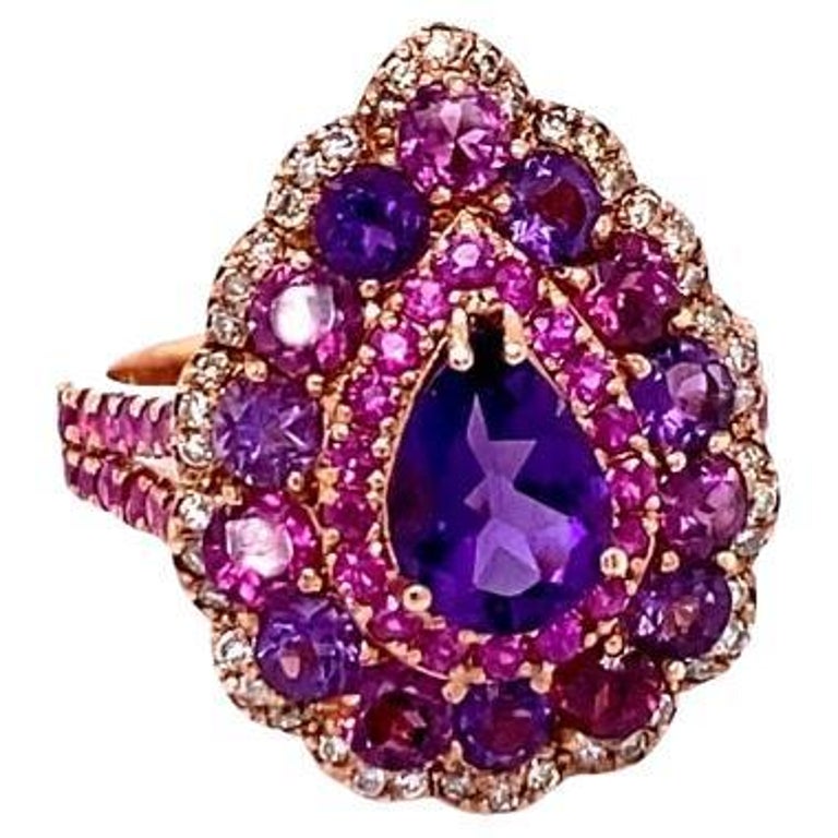 3.57 Ct Amethyst, Garnet, Pink Sapphire, Diamond 14K Rose Gold Cocktail Ring