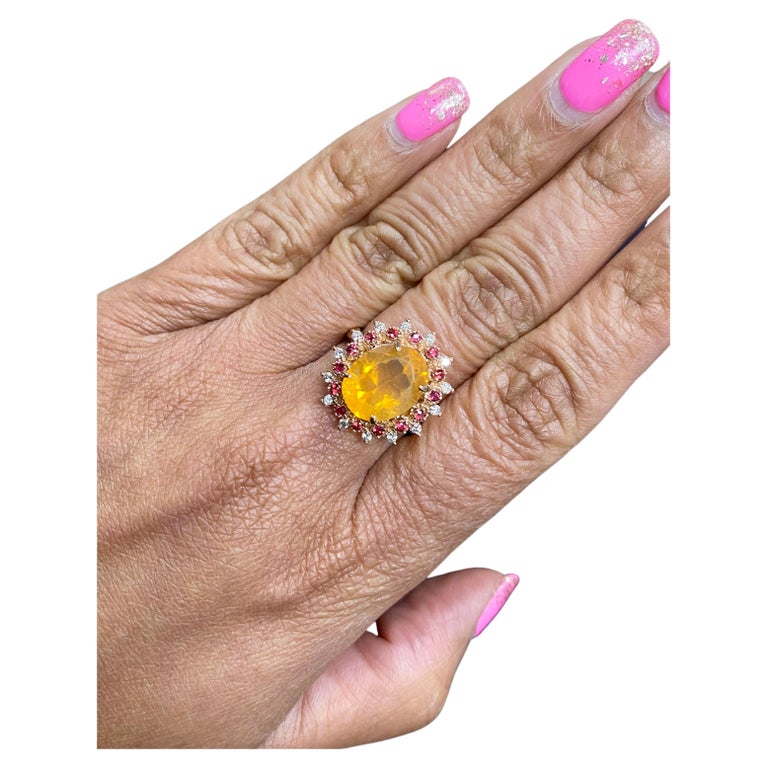 3.83 Carat Fire Opal Sapphire Diamond Yellow Gold Cocktail Ring