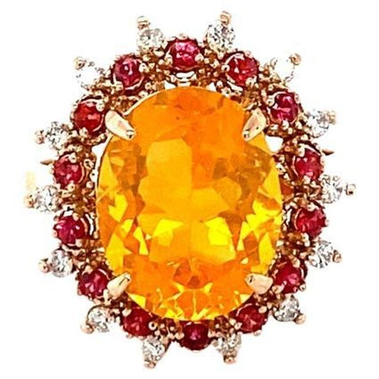 3.83 Carat Fire Opal Sapphire Diamond Yellow Gold Cocktail Ring
