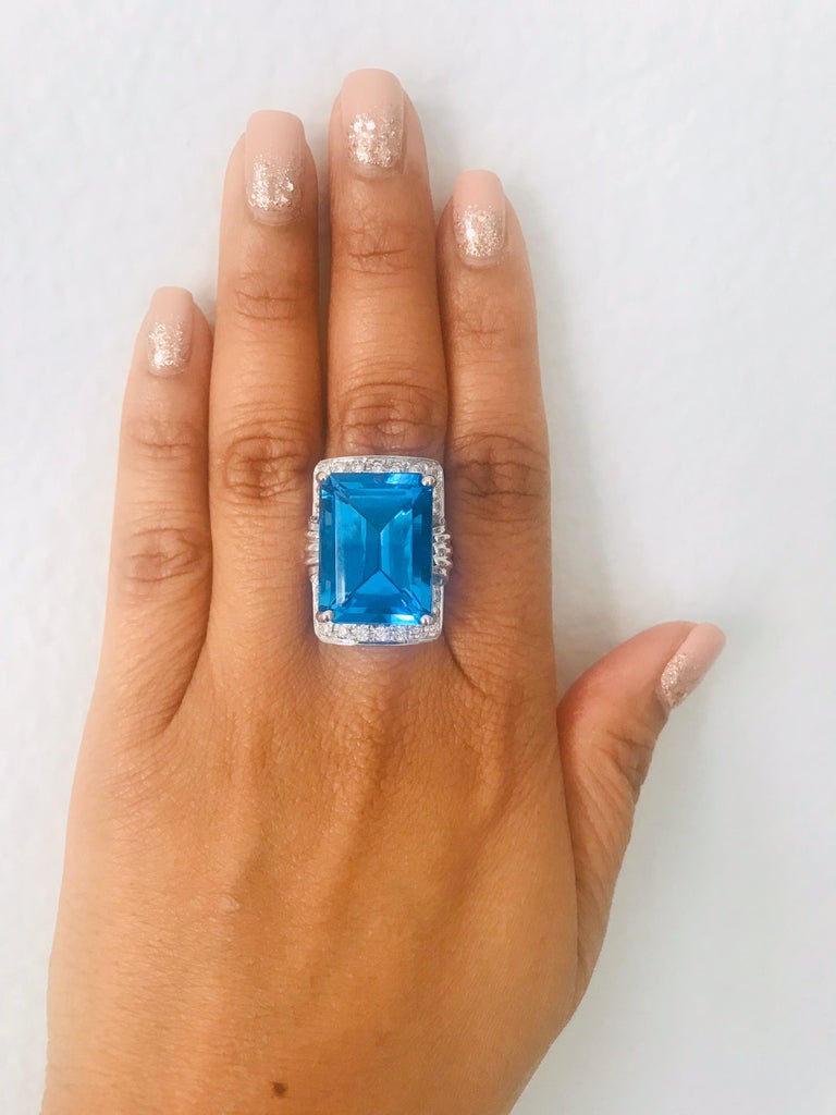 26.07 Carat Emerald Cut Blue Topaz Diamond 14 Karat White Gold Cocktail Ring