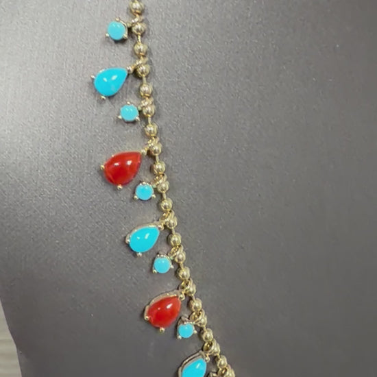 Natural Sleeping Beauty Turquoise Red Coral 14 Karat Gold Ball Chain Necklace