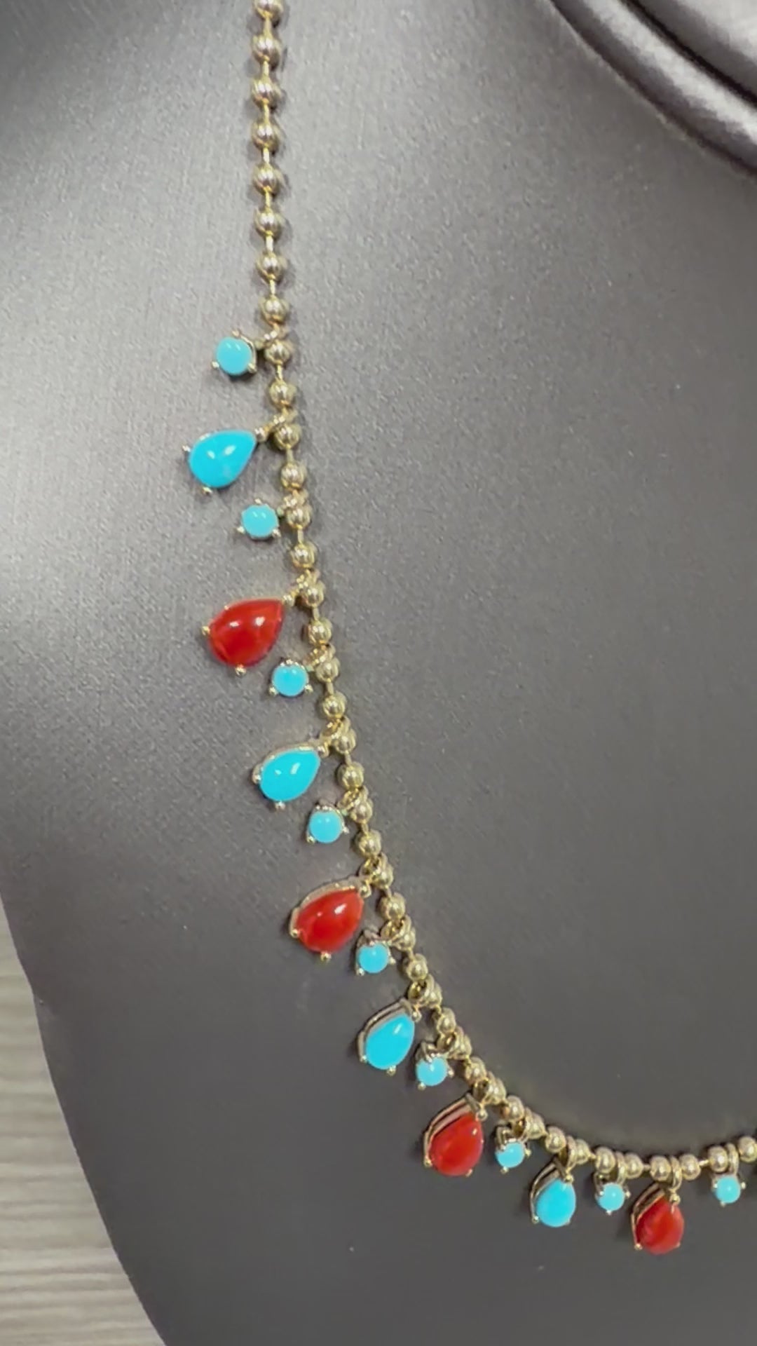 Natural Sleeping Beauty Turquoise Red Coral 14 Karat Gold Ball Chain Necklace
