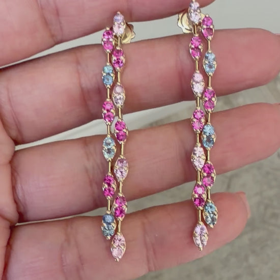 3.79 Carat Natural Pink Blue Sapphire 14 Karat Yellow Gold Drop Earrings