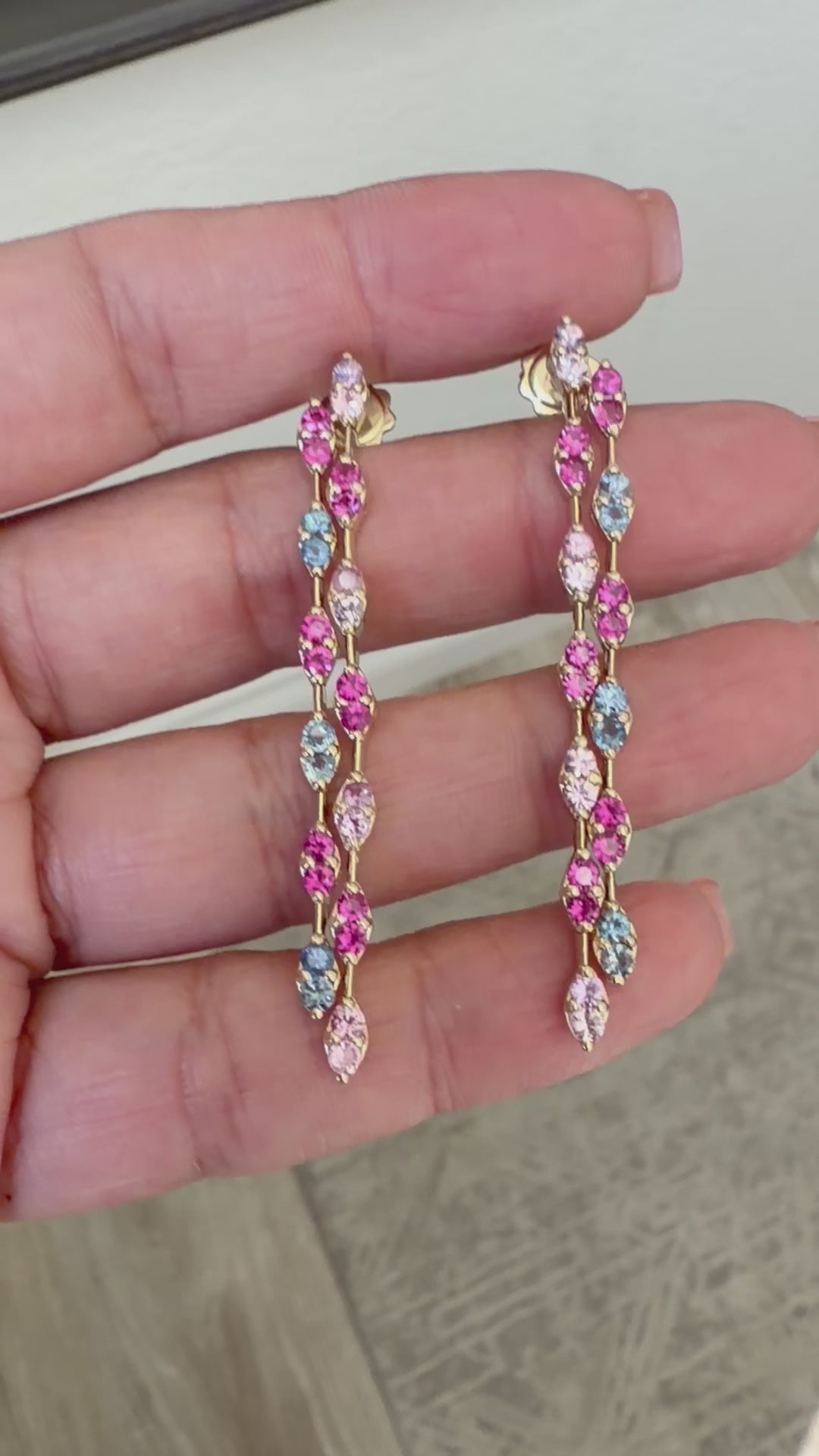 3.79 Carat Natural Pink Blue Sapphire 14 Karat Yellow Gold Drop Earrings