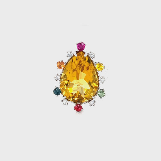 12.25 Carat Pear Cut Citrine Sapphire Diamond Yellow Gold Cocktail Ring