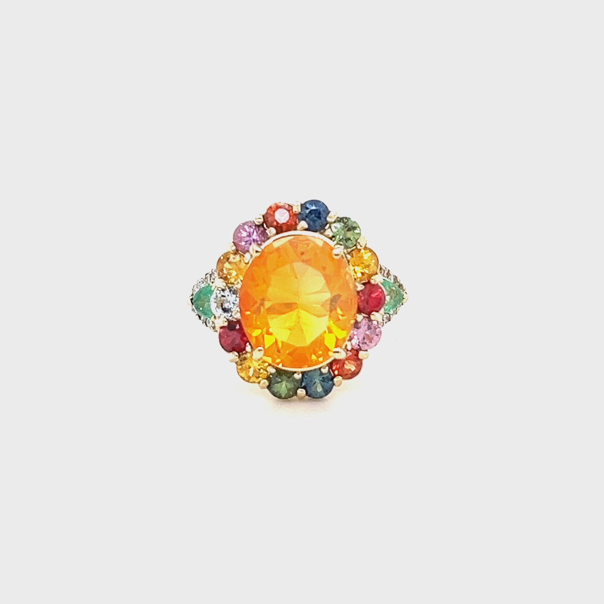 6.74 Carat Fire Opal Sapphire Diamond 14 Karat Yellow Gold Cocktail Ring