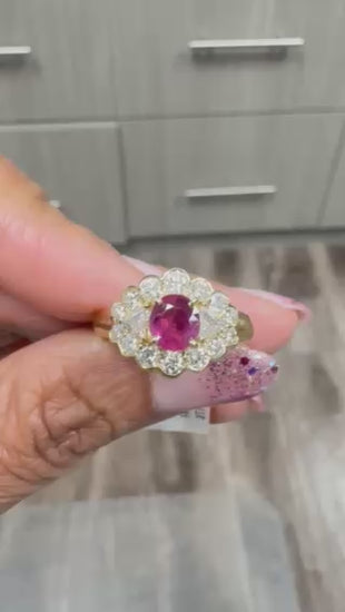 1.75 Carat Oval Cut Burmese Ruby Diamond 14 Karat Yellow Gold Cluster Ring