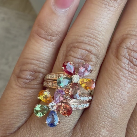 4.82 Carats Natural Sapphire Diamond Flower 14 Karat Rose Gold Cocktail Ring