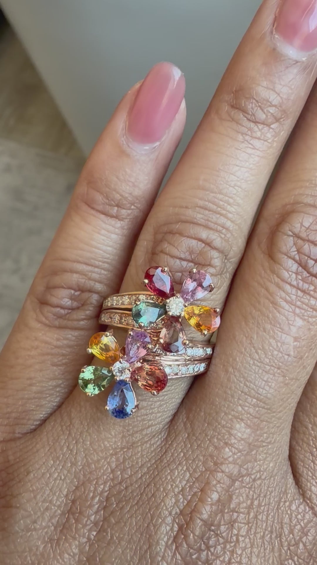 4.82 Carats Natural Sapphire Diamond Flower 14 Karat Rose Gold Cocktail Ring