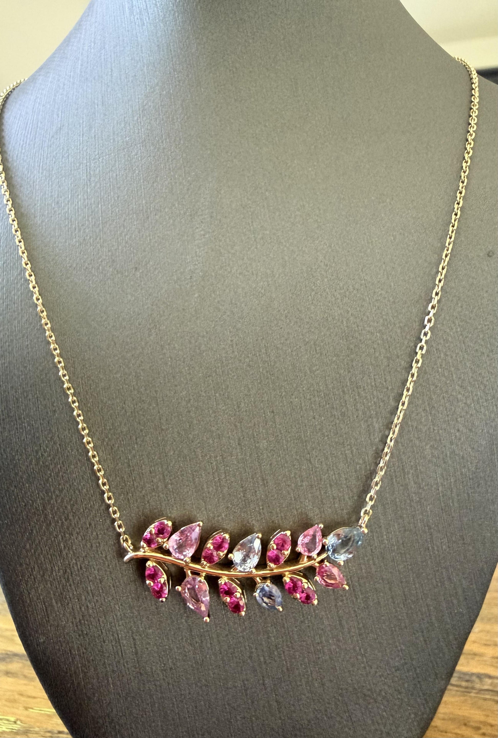 3.35 Carat Natural Pink Blue Sapphire Branch 14 Karat Yellow Gold Chain Necklace